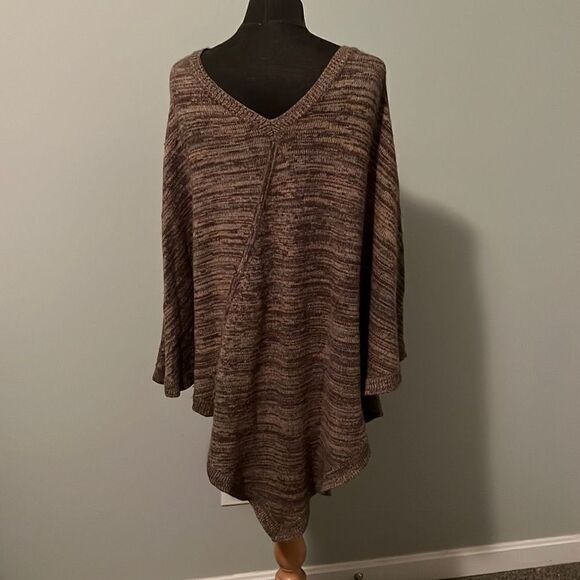 The Territory Ahead Women's Brown Wool Blend Rabbit Hair Knit Striped Poncho - Picture 4 of 8